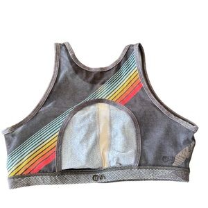 Women's Heathered Gray Sports Bra with rainbow mesh back